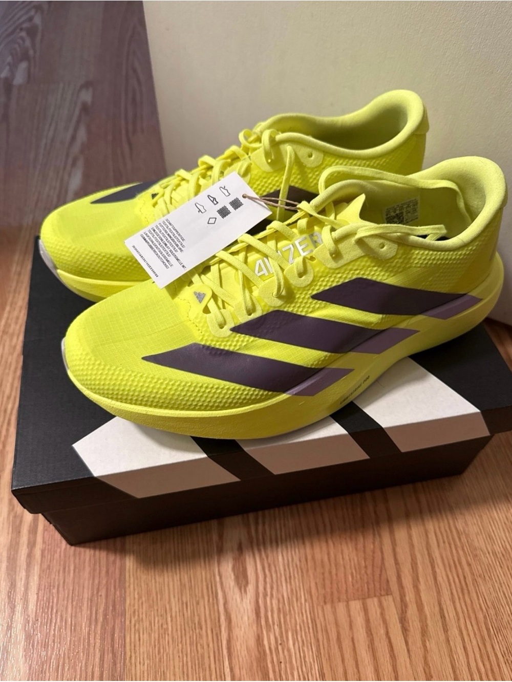 adidas Kids Neon Yellow Sneakers with Purple Stripes